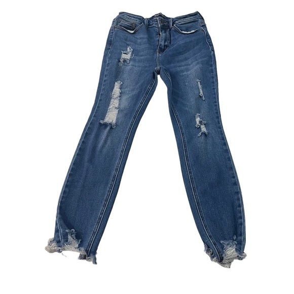 Wax Jean Women Medium Wash Jeans Sz 5 27x24 Ankle Crop Raw Hem Ripped Denim High - Picture 1 of 14
